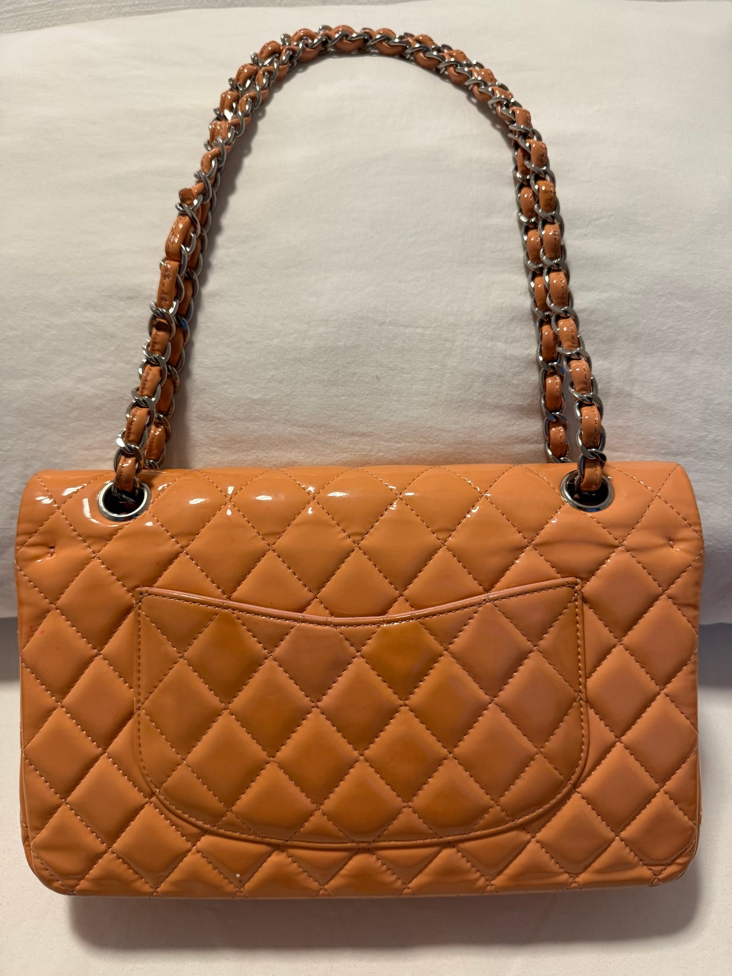 Bolsa Chanel Classic Flap Medium Pink Orange Patent Leather