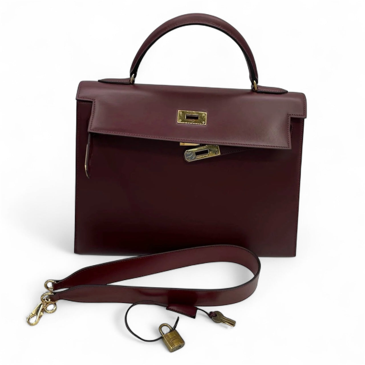 Hermès Kelly 32 Sellier Burgundy Box Leather Gold Hardware