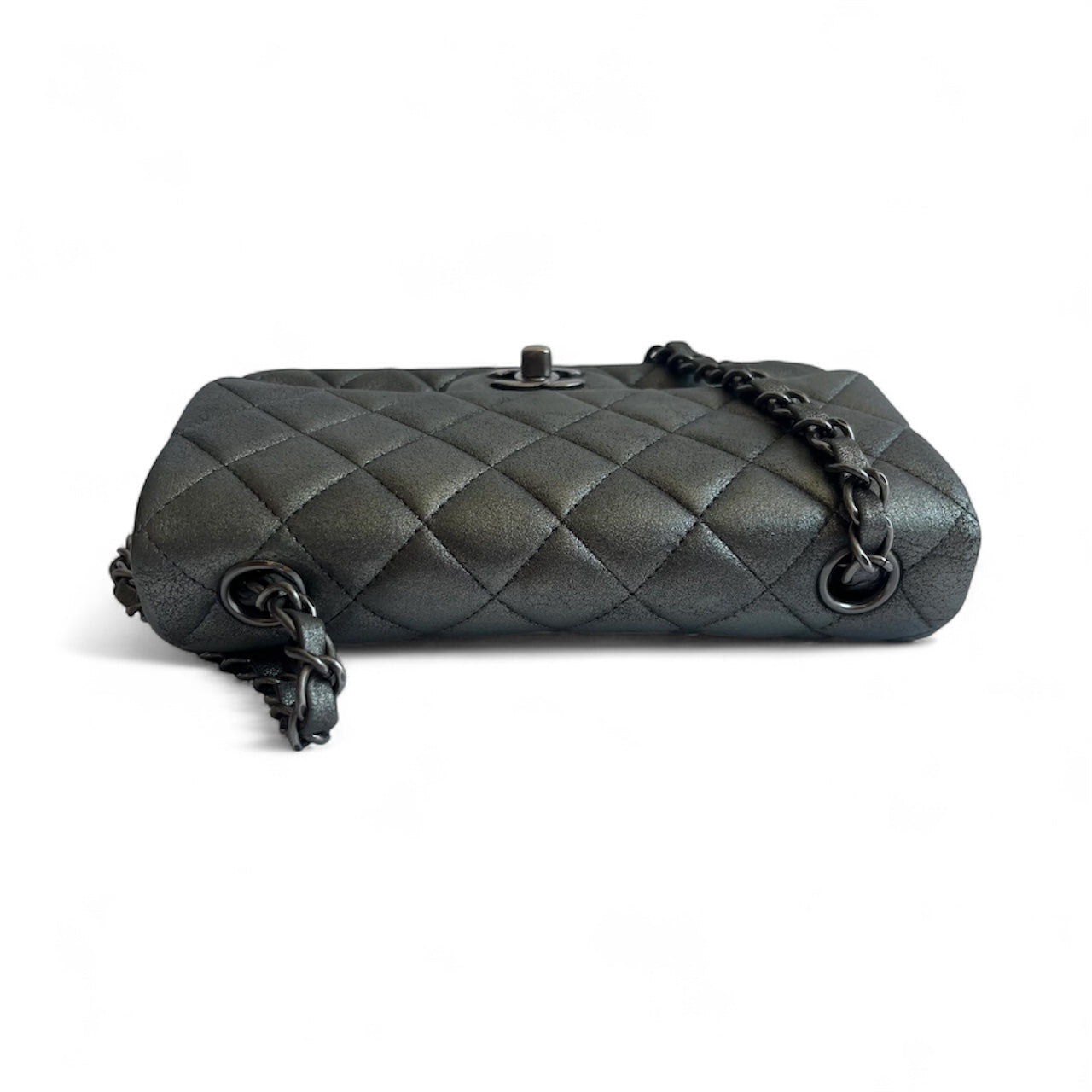 Bolsa Chanel Classic Flap Mini Retangular – Couro de Cordeiro Cinza Metálico