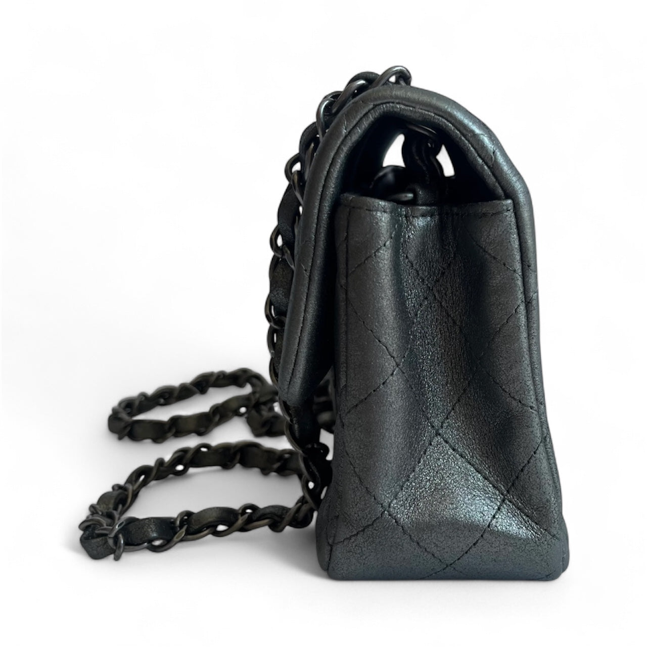 Bolsa Chanel Classic Flap Mini Retangular – Couro de Cordeiro Cinza Metálico