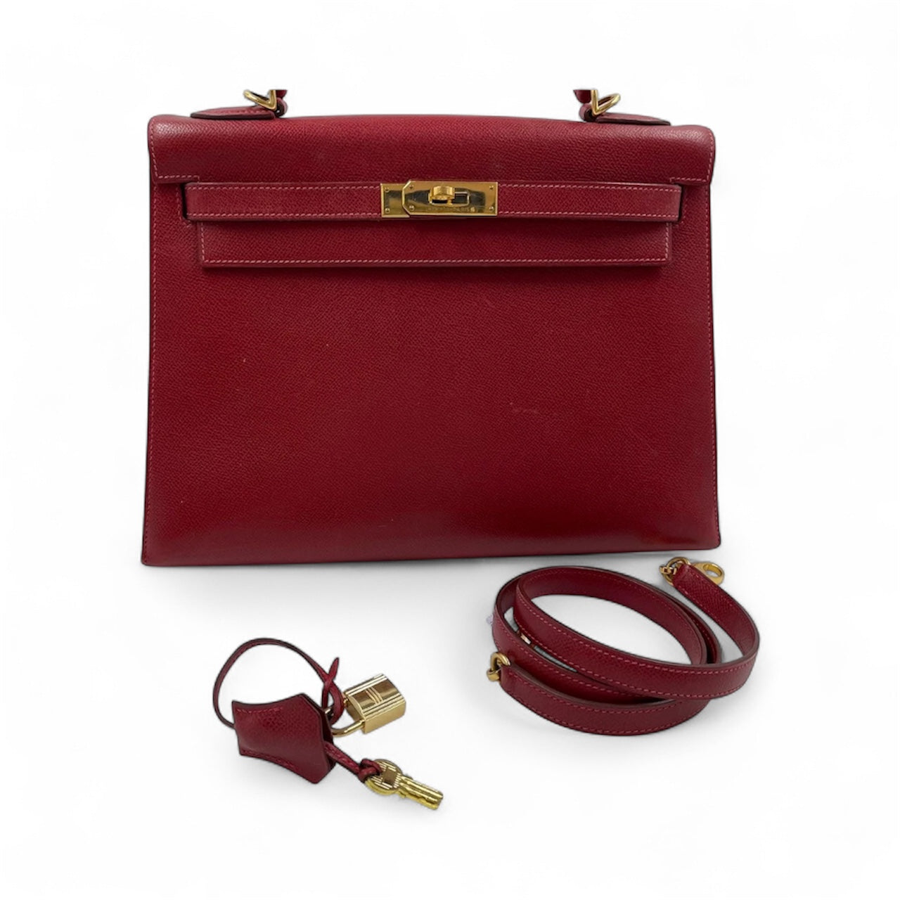 Hermès Kelly Sellier 32 Courchevel Rouge Vif com Ferragens Douradas
