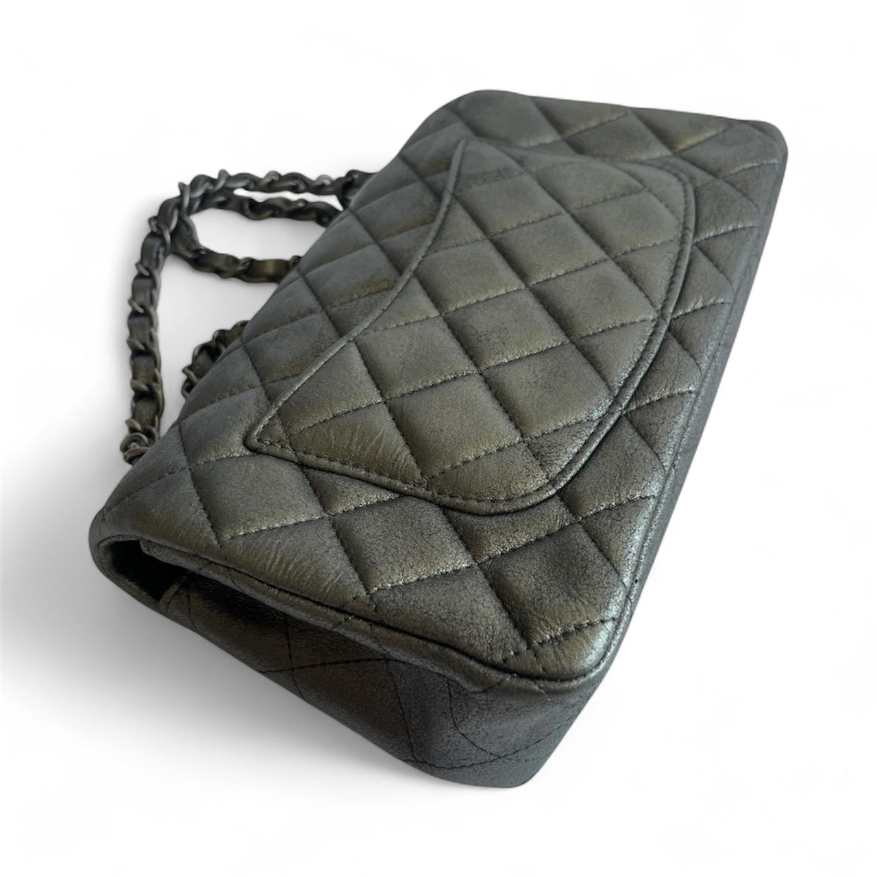 Bolsa Chanel Classic Flap Mini Retangular – Couro de Cordeiro Cinza Metálico