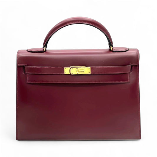 Hermès Kelly 32 Sellier Burgundy Box Leather Gold Hardware