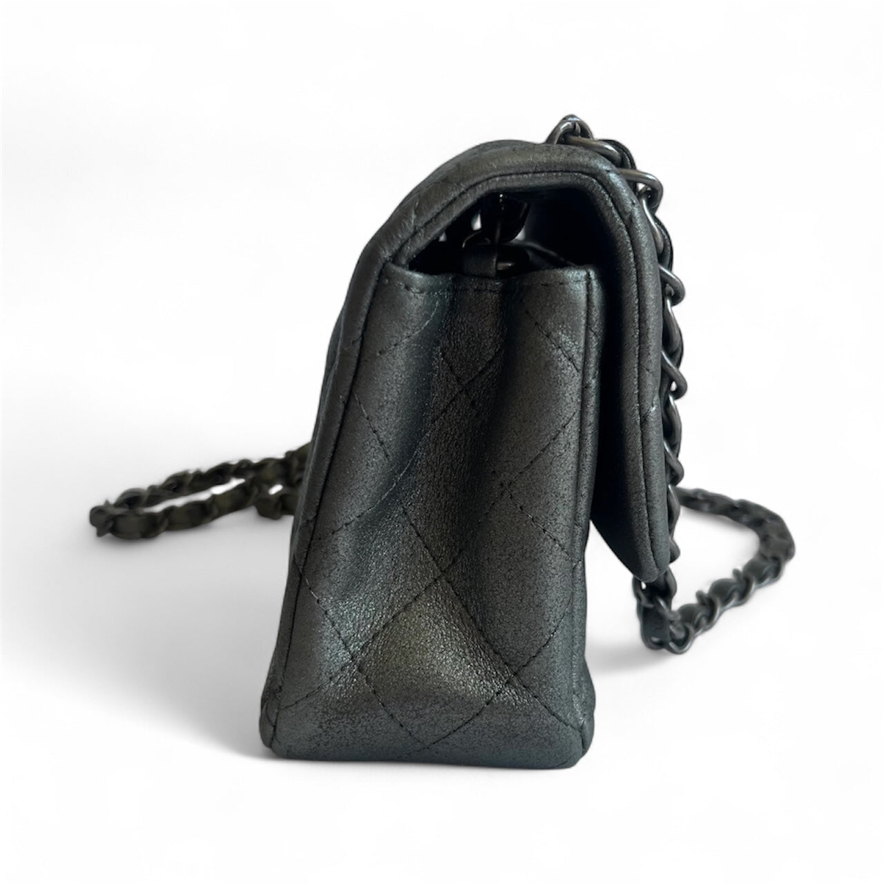 Bolsa Chanel Classic Flap Mini Retangular – Couro de Cordeiro Cinza Metálico