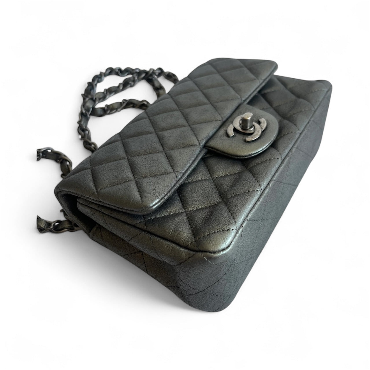 Bolsa Chanel Classic Flap Mini Retangular – Couro de Cordeiro Cinza Metálico