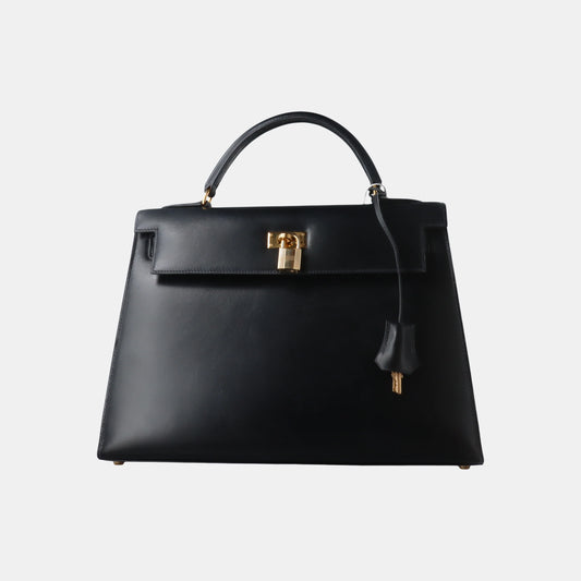 Hermès Kelly Sellier 32 Box Leather Preta com Ferragens Douradas
