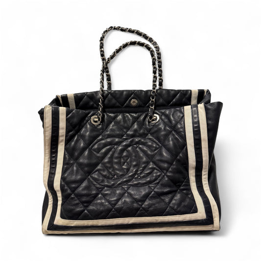 Bolsa Chanel CC Shopping Tote Navy com Listras Brancas