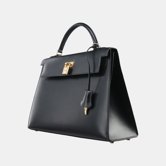 Hermès Kelly Sellier 32 Box Leather Preta com Ferragens Douradas